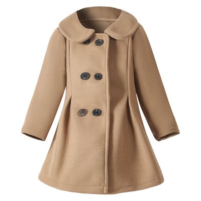 Girls Wool Blend Long Peacoat Kids Toddler Solid Color Lapel Long Outwear With Belt Winter Infants (Khaki, 5-6 Years)
