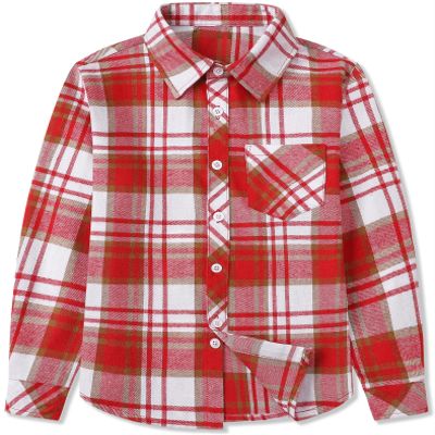 Betusline Girls' Plaid Flannel Shirt, Kids Long Sleeve Button Button Shirts Tops,F Red & White #14-5 Years= Tag 120