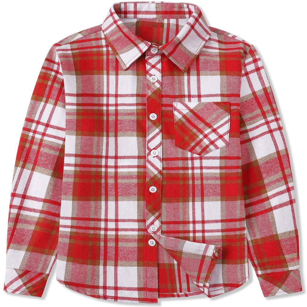 Betusline Girls' Plaid Flannel Shirt, Kids Long Sleeve Button Button Shirts Tops,F Red & White #14-5 Years= Tag 120