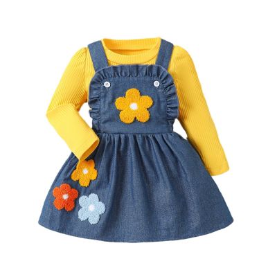 Little Girls Solid Rib Knit Long Sleeve Denim Dress Flower Strap Suspender Outfits Kids 6 Month (Yellow, 2-3 Years)