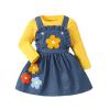 Little Girls Solid Rib Knit Long Sleeve Denim Dress Flower Strap Suspender Outfits Kids 6 Month (Yellow, 2-3 Years) view 1