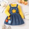 Little Girls Solid Rib Knit Long Sleeve Denim Dress Flower Strap Suspender Outfits Kids 6 Month (Yellow, 2-3 Years) view 2