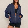 Jielayou Women Bomber Jacket Casual Zip Up Sweatshirt Drop Shoulder Long Sleeve Oversized Sweatshirt Comfy Fleece Jacket Trendy Full Zip Up Coat with Pockets Loose Sweaters Y2k Clothes Fall Outfits view 2