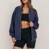 Jielayou Women Bomber Jacket Casual Zip Up Sweatshirt Drop Shoulder Long Sleeve Oversized Sweatshirt Comfy Fleece Jacket Trendy Full Zip Up Coat with Pockets Loose Sweaters Y2k Clothes Fall Outfits view 3