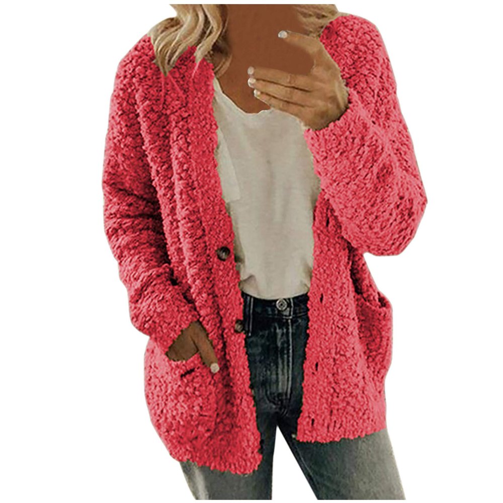 HJYUZP Women Casual Plus Size Plush Sweater Pockets Outerwear Buttons Cardigan Coat Women Sweater (Pink, M)