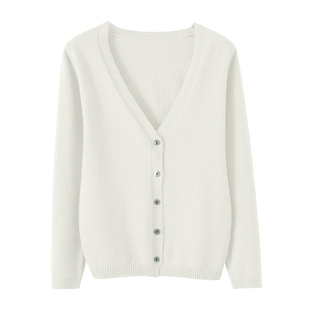 HJYUZP Women's Spring and Autumn Leisure Loose Solid Long Sleeve V Neck Button Knitted Soft Cardigan Leopard (White, S)