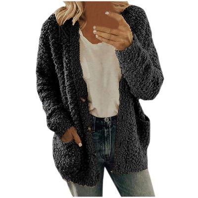 HJYUZP Women Casual Plus Size Plush Sweater Pockets Outerwear Buttons Cardigan Coat Women Sweater (, XXXL)