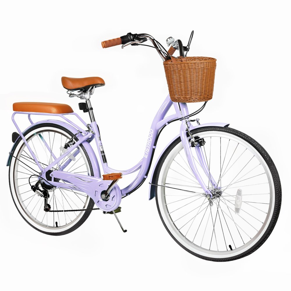 EISYROOD 26 Inch Beach Cruiser Bike for Women, Hybrid Womens Bike with 7 Speed, Adjustable Seat, Lightweight Women Beach Cruiser Bike with Anti-Skid Tires, V-Brakes (Double Bar, Purple)