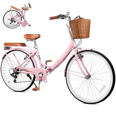 EISYROOD 26Inch Foldable Women Bike, Womens Folding Bike with Basket, 7 Speed Beach Cruiser Fodable Bike for Women with Cushion, V-Brakes, Quick Install for Adults, Womens (Pink)