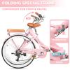 EISYROOD 26Inch Foldable Women Bike, Womens Folding Bike with Basket, 7 Speed Beach Cruiser Fodable Bike for Women with Cushion, V-Brakes, Quick Install for Adults, Womens (Pink) view 2