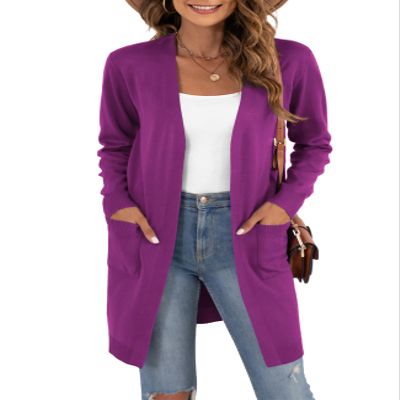 VIISHOW Cardigans for Women Loose Casual Long Sleeve Open Front Breathable Cardigans with Pockets, Rose Purple, Small