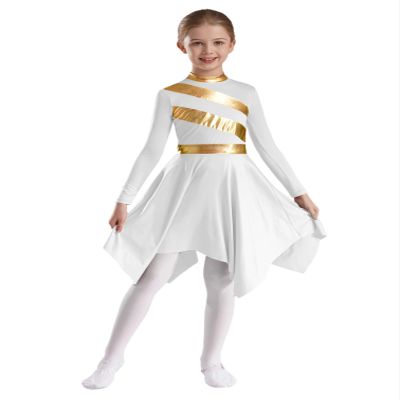 Agoky Liturgical Praise Dance Worship Swing Dress for Girls Metallic Gold Color Block Choir Robe Church Dancewear White 10 Years