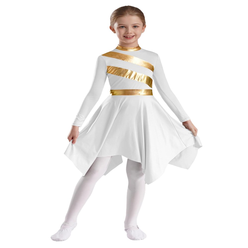 Agoky Liturgical Praise Dance Worship Swing Dress for Girls Metallic Gold Color Block Choir Robe Church Dancewear White 10 Years