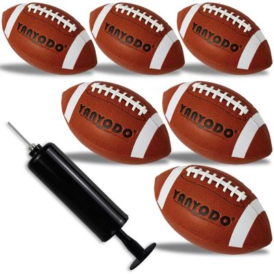 YANYODO 6 Pack Football Size 6 Junior Sized Ball with Textured Grip for Kids Youth Practice, Match and Scrimmage Play Indoors & Outdoors All Weather Use with Pump(Brown)