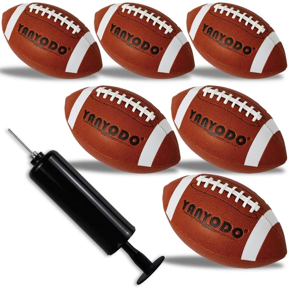 YANYODO 6 Pack Football Size 6 Junior Sized Ball with Textured Grip for Kids Youth Practice, Match and Scrimmage Play Indoors & Outdoors All Weather Use with Pump(Brown)