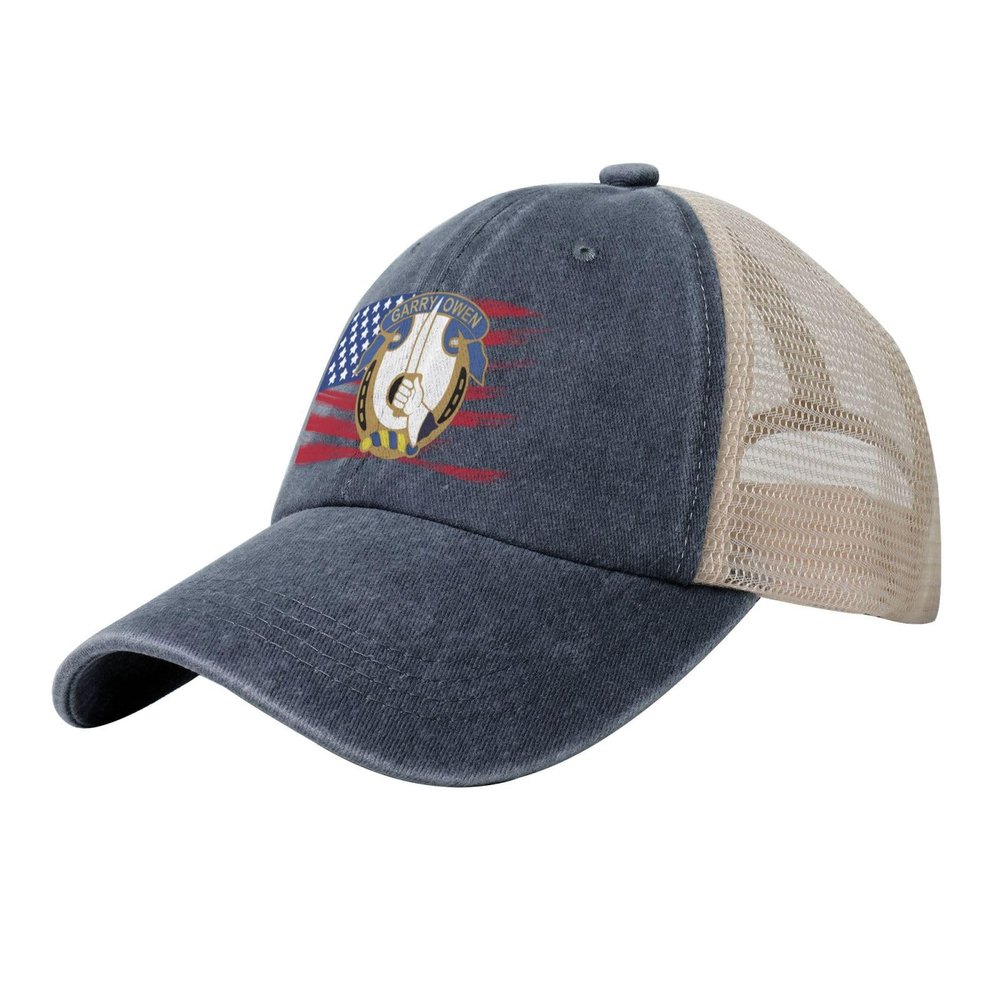 7th Cavalry Garry Owen Denim Trucker Hat Mesh Baseball Cap for Men Cowboy Dad Navy Blue