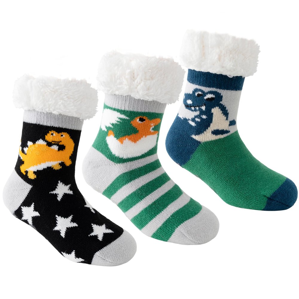 Caudblor 3 Pairs Dinosaur Fuzzy Slipper Socks For Boys, Kid Slipper Sock With Non-Slip Grippers, Thick Fluffy Children Christmas Sock For Boy Girl, Cozy Indoor Winter Socks For 3-5, 6-8, 9-12 Years