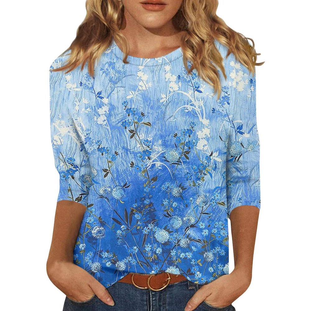 SGASY Elbow Length Tops for Women 3/4 Length Sleeve Crew Neck Shirts Fall Casual Loose Fit Printed Solid Cute Blouses