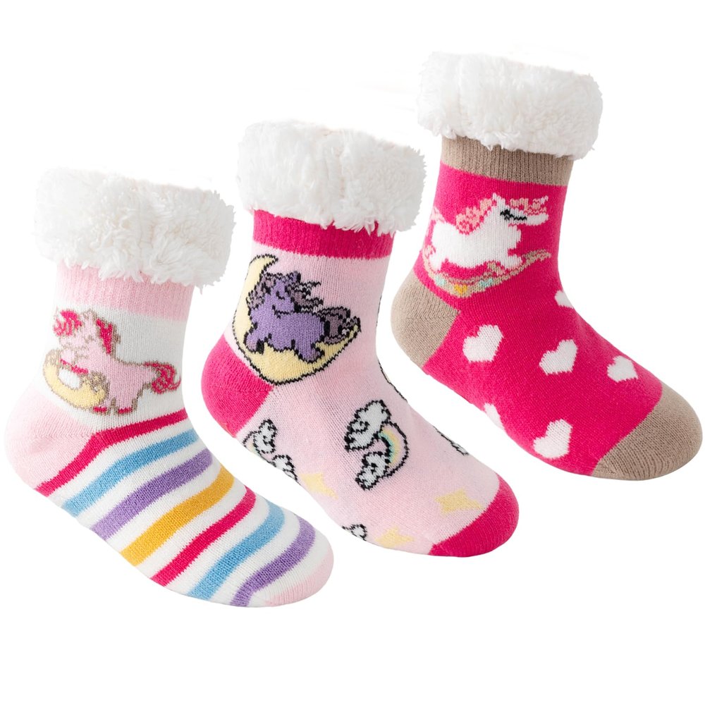 Caudblor 3 Pairs Fuzzy Slipper Socks For Girls, Pink Kid Slipper Socks With Non-Slip Grippers, Thick Fluffy Children Christmas Socks For Boys Girls, Cozy Indoor Winter Socks For 3-5, 6-8, 9-12 Years