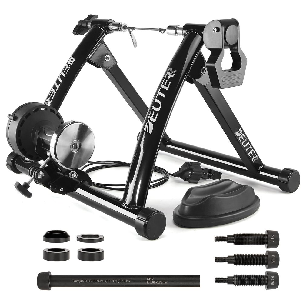 Bike Trainer, Magnetic Bicycle Stationary Stand for Indoor Exercise Riding, 26-29" & 700C Wheels, Quick Release Skewer & Front Wheel Riser Block Included