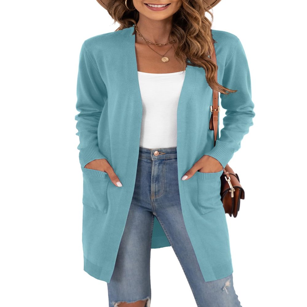 VIISHOW Women's Long Sleeve Open Front Cardigans Sweaters Outwear with Pockets, Hu Green, Medium