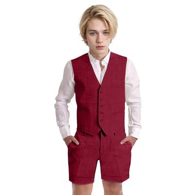 Wotoko Boys Summer Linen Suit Slim Fit Kids Tuxedo Beach Wedding Suits for Boys 2 Pieces Vest Short Pants Set,Burgundy,5