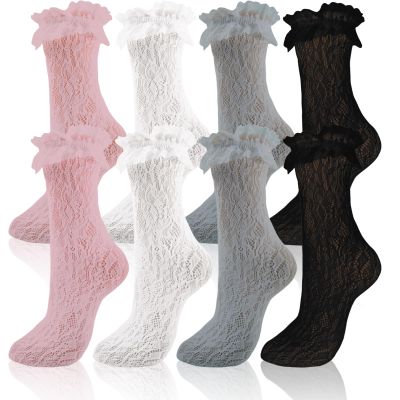 QHANSHIEE 4 Pairs Lace Ruffle Frilly Ankle Socks Women Mesh Lace Trim Lolita Socks Cute Dress Sock for Girls Ladies Princess Accessories,Ankle High Sock for Women