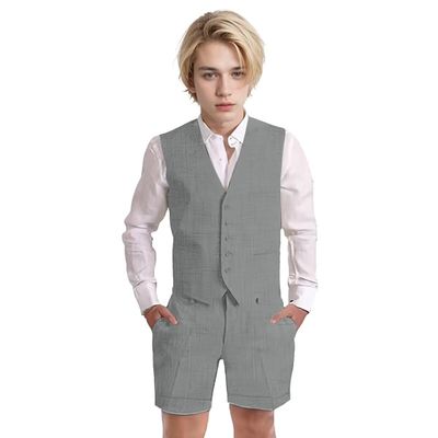 Wotoko Boys Summer Linen Suit Slim Fit Kids Tuxedo Beach Wedding Suits for Boys 2 Pieces Vest Short Pants Set,Grey,8