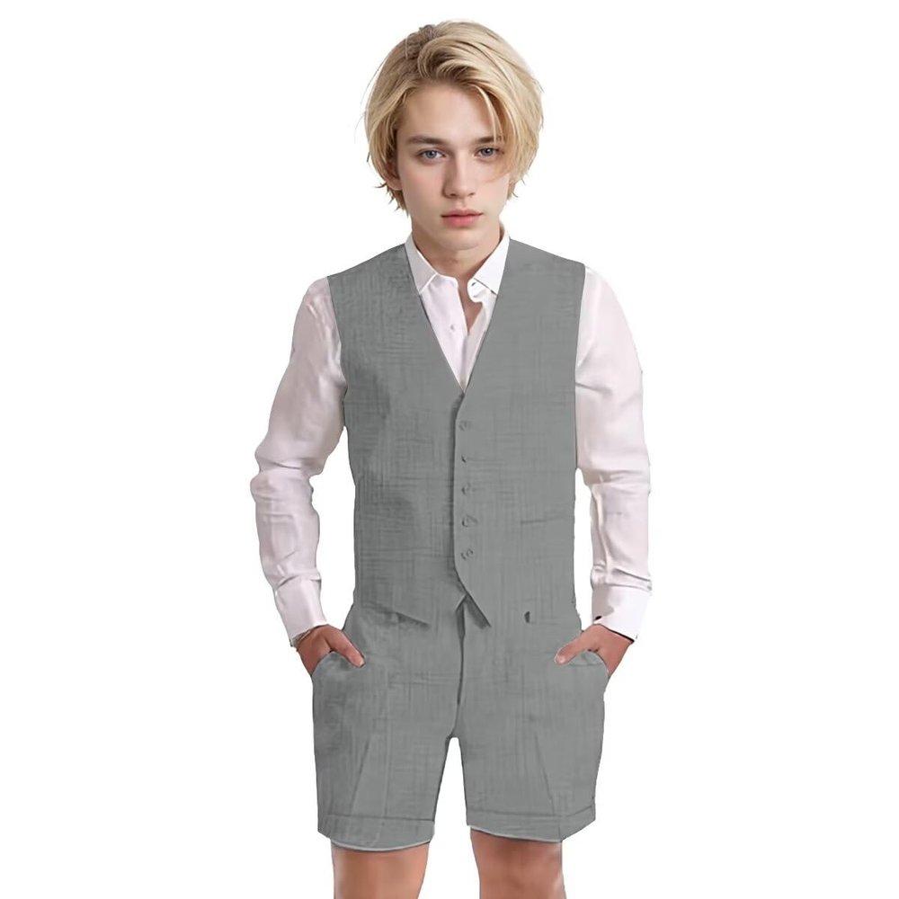 Wotoko Boys Summer Linen Suit Slim Fit Kids Tuxedo Beach Wedding Suits for Boys 2 Pieces Vest Short Pants Set,Grey,8