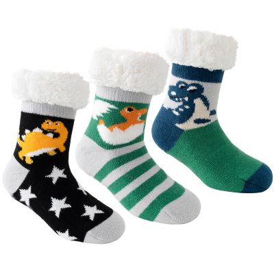 Caudblor 3 Pairs Dinosaur Fuzzy Slipper Socks For Boys, Kid Slipper Sock With Non-Slip Grippers, Thick Fluffy Children Christmas Sock For Boy Girl, Cozy Indoor Winter Socks For 3-5, 6-8, 9-12 Years