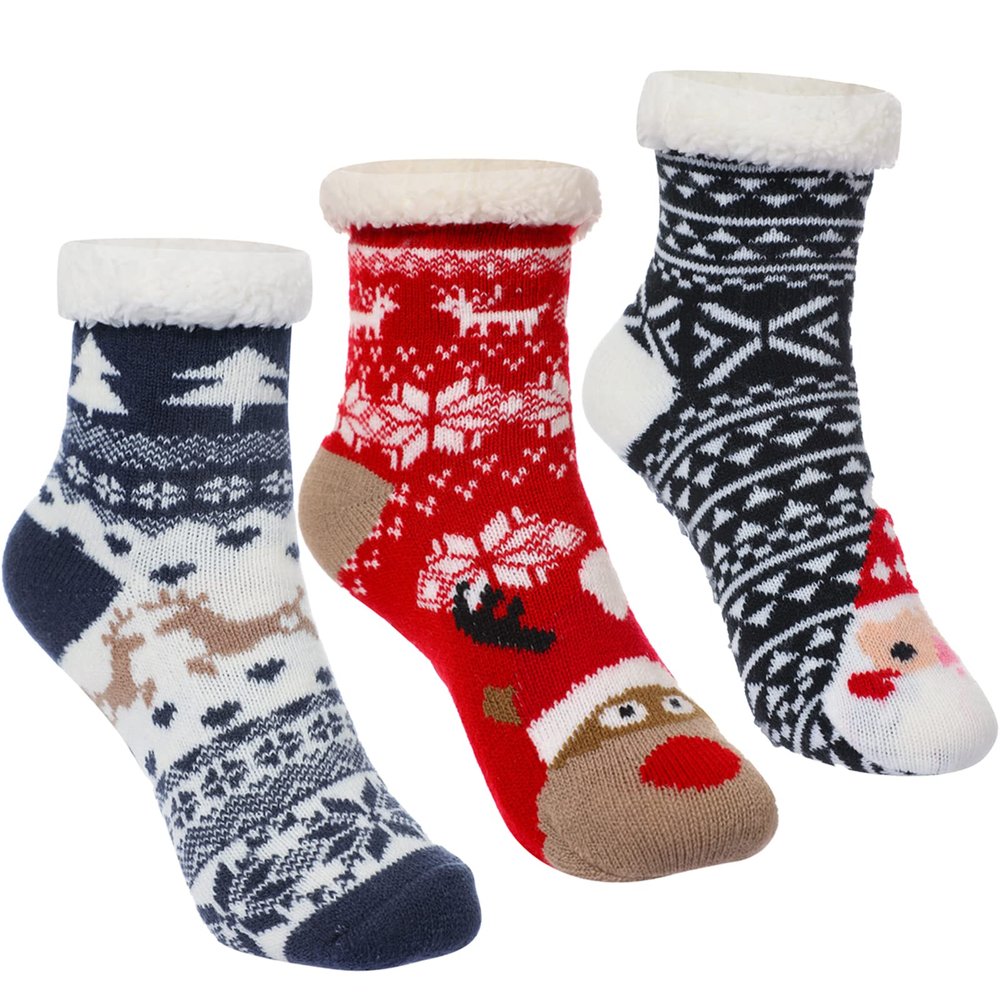 Caudblor 3 Pairs Christmas Slipper Socks For Kids, Fuzzy Kid Non Slip Slipper Socks With Grippers, Thick Fluffy Children Christmas Socks For Boys Girls, Cozy Indoor Winter Socks For 3-5 6-8 9-12 Year