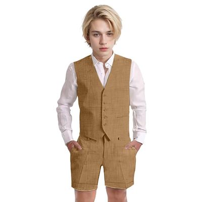 Wotoko Boys Summer Linen Suit Slim Fit Kids Tuxedo Beach Wedding Suits for Boys 2 Pieces Vest Short Pants Set,Khaki,6