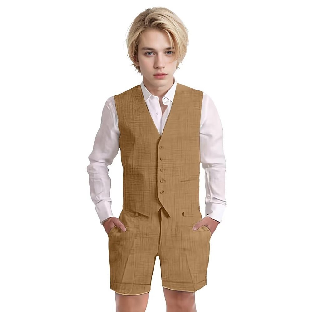 Wotoko Boys Summer Linen Suit Slim Fit Kids Tuxedo Beach Wedding Suits for Boys 2 Pieces Vest Short Pants Set,Khaki,6