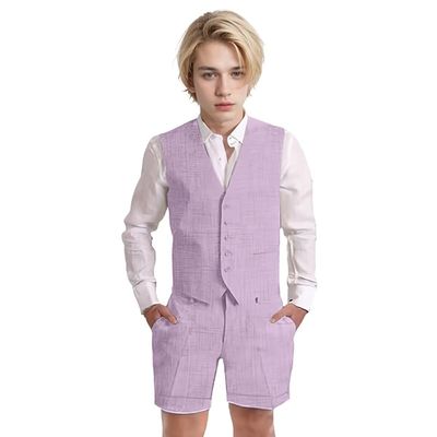 Wotoko Boys Summer Linen Suit Slim Fit Kids Tuxedo Beach Wedding Suits for Boys 2 Pieces Vest Short Pants Set,Purple,18