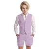 Wotoko Boys Summer Linen Suit Slim Fit Kids Tuxedo Beach Wedding Suits for Boys 2 Pieces Vest Short Pants Set,Purple,18 view 1