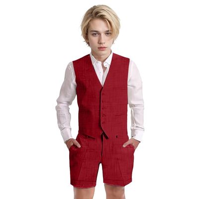 Wotoko Boys Summer Linen Suit Slim Fit Kids Tuxedo Beach Wedding Suits for Boys 2 Pieces Vest Short Pants Set,Red,12
