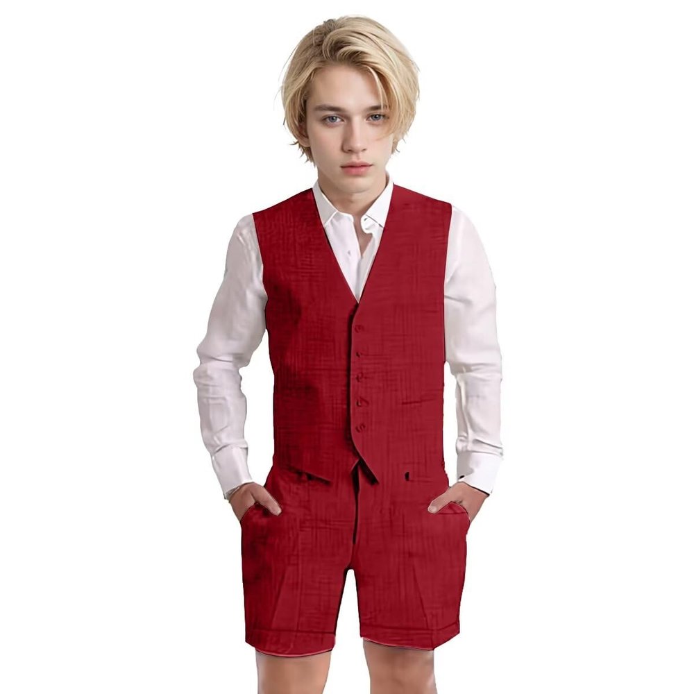 Wotoko Boys Summer Linen Suit Slim Fit Kids Tuxedo Beach Wedding Suits for Boys 2 Pieces Vest Short Pants Set,Red,6