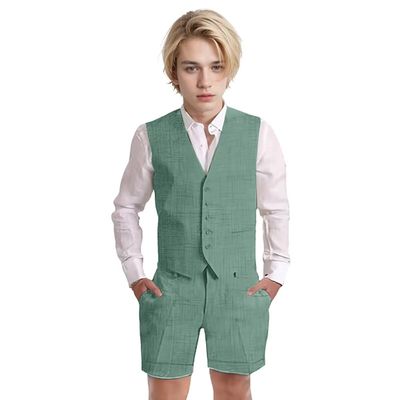 Wotoko Boys Summer Linen Suit Slim Fit Kids Tuxedo Beach Wedding Suits for Boys 2 Pieces Vest Short Pants Set,Mint Green,20