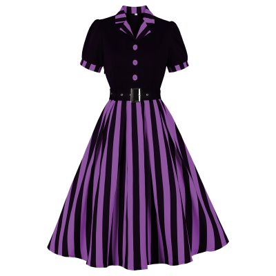 1950s Dresses for Women 50s Style Audrey Hepburn Vintage 1940s Rockabilly Retro Short Sleeve Stripes Summer A Line Swing Midi Dress Cocktail Party Evening Prom Gown Plus Size Black Dark Purple XXL