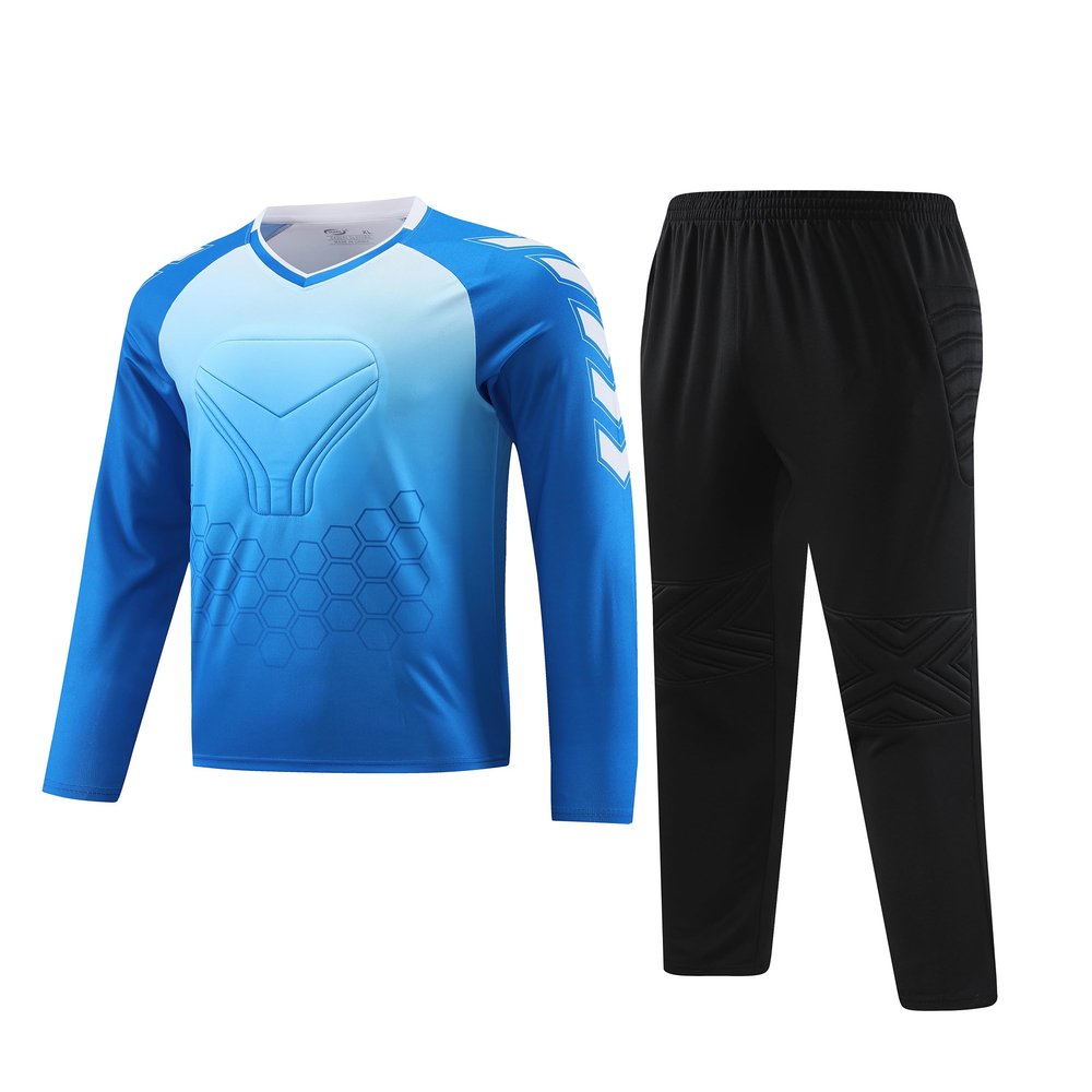 Hiheart Boys Goalkeeper Soccer Jersey and Pants Set Padded Long Sleeve Goalie Shirt Blue 7-8