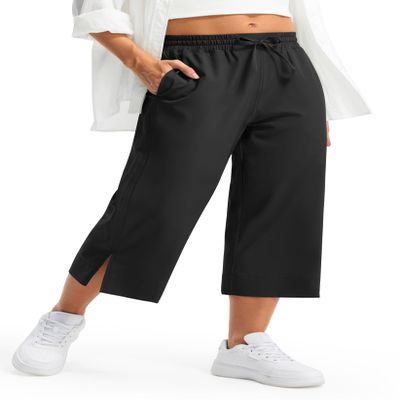 Libin Wide Leg Capri Pants for Women Lightweight Quick Dry Casual Slacks Lounge Travel Pants with Pockets Loose Fit Trousers Hiking Walking Summer, Black M