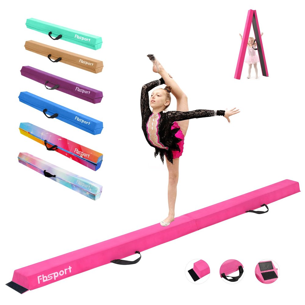 FBSPORT 9.5ft Balance Beam: Folding Floor Gymnastics Equipment for Kids Adults,Non Slip Rubber Base, Gymnastics Beam for Training, Physical Therapy and Professional Home Training, Pink