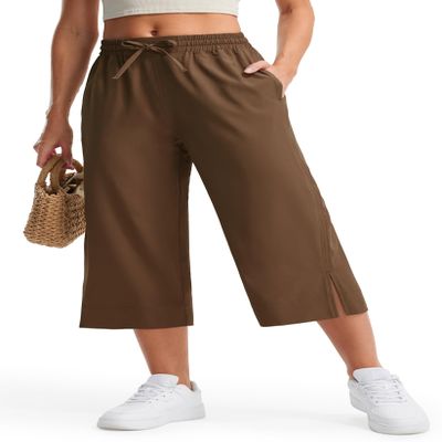 Libin Capri Pants for Women Lightweight Wide Leg Casual Beach Pants Lounge Travel Work Slacks with Pockets Loose Fit Hiking Walking, Brown XXL