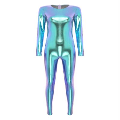 dPois Womens Shiny Metallic Unitard Round Neck Long Sleeve Footless Zentai Suit Catsuit Dancewear Blue X-Large