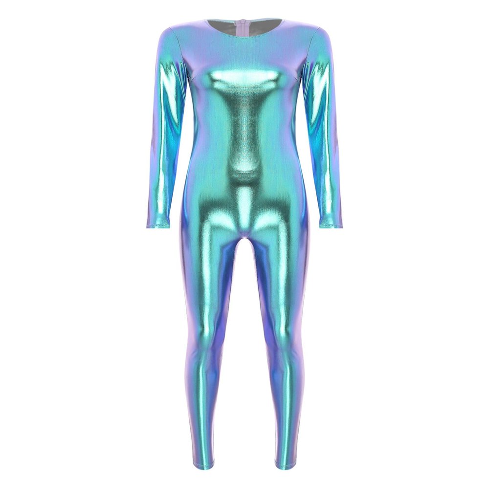 dPois Womens Shiny Metallic Unitard Round Neck Long Sleeve Footless Zentai Suit Catsuit Dancewear Blue X-Large