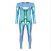 dPois Womens Shiny Metallic Unitard Round Neck Long Sleeve Footless Zentai Suit Catsuit Dancewear Blue X-Large view 1
