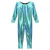 dPois Womens Shiny Metallic Unitard Round Neck Long Sleeve Footless Zentai Suit Catsuit Dancewear Blue X-Large view 3