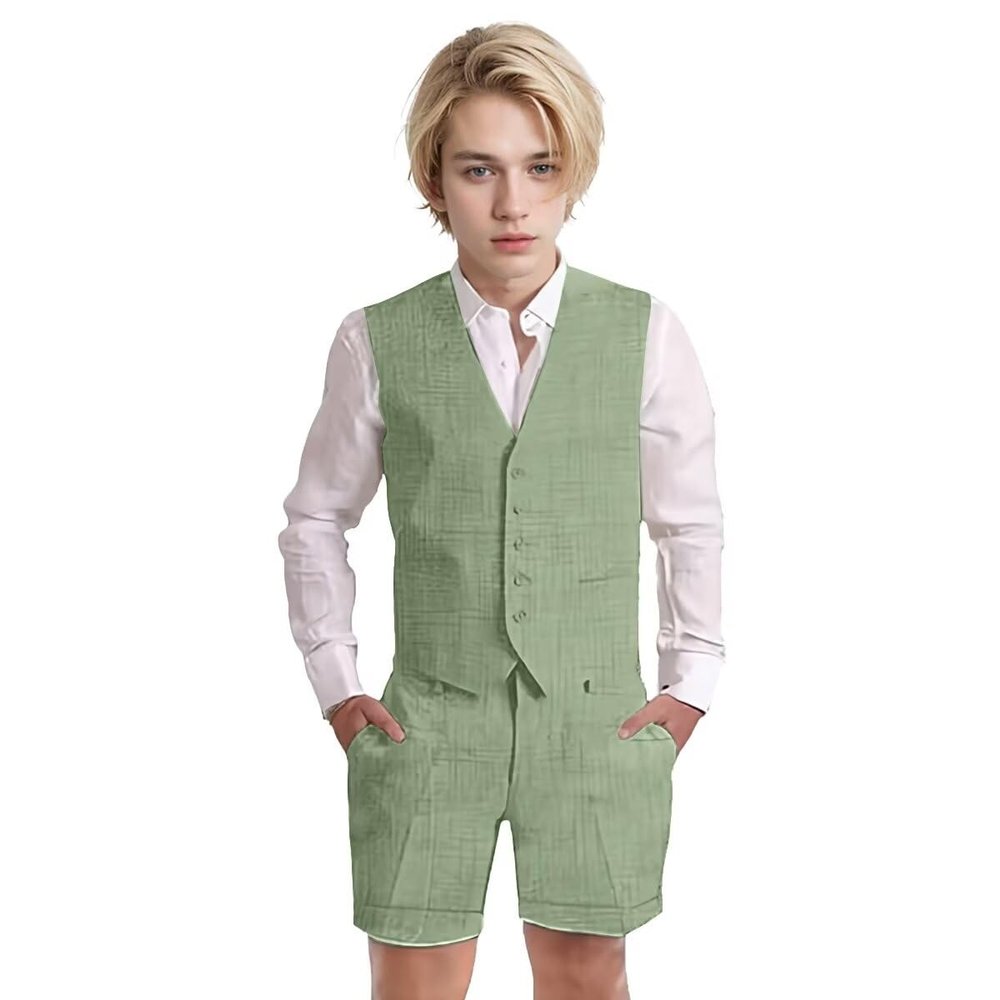 Wotoko Boys Summer Linen Suit Slim Fit Kids Tuxedo Beach Wedding Suits for Boys 2 Pieces Vest Short Pants Set,Sage Green,3T