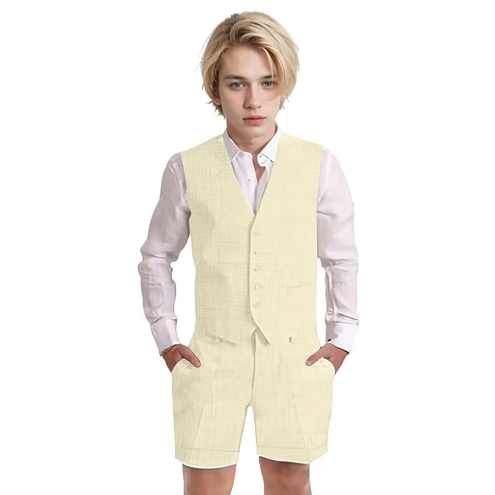Wotoko Boys Summer Linen Suit Slim Fit Kids Tuxedo Beach Wedding Suits for Boys 2 Pieces Vest Short Pants Set,Ivory,18