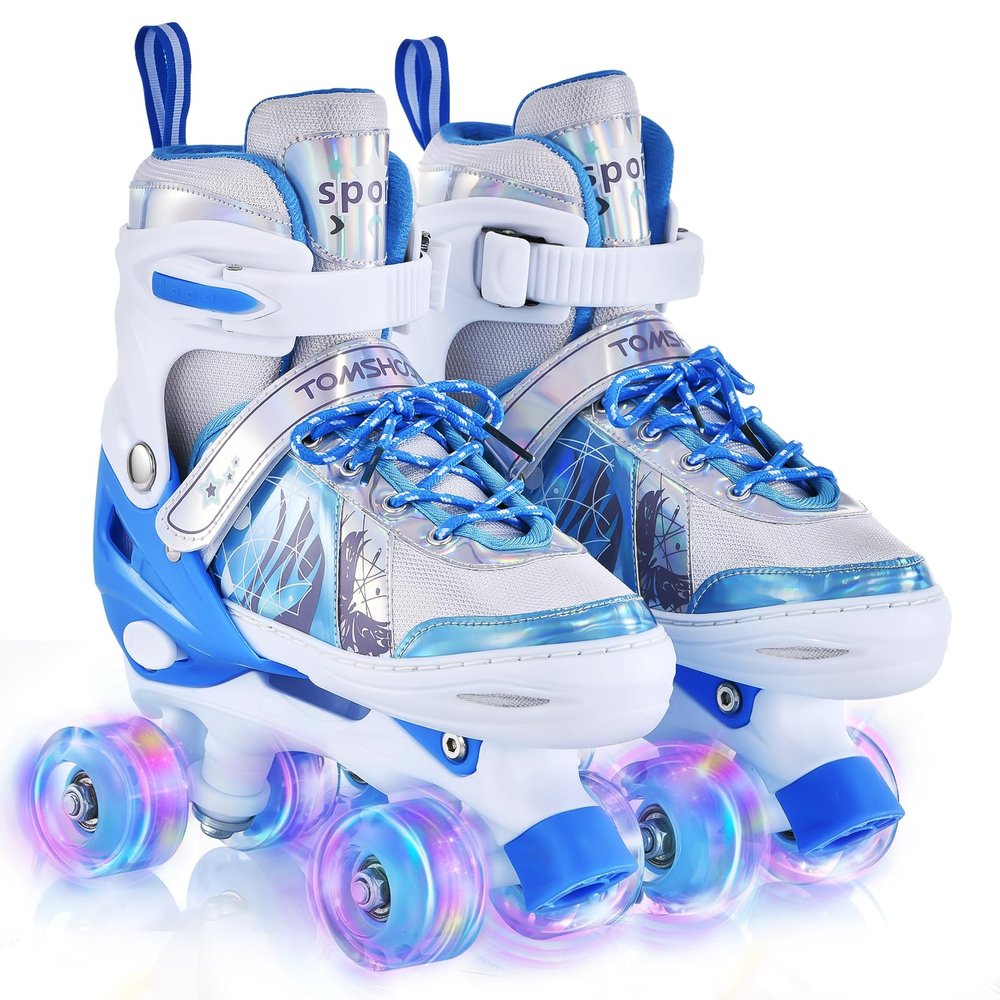 TOMSHOO Roller Skates for Kids Child, 4 Size Adjustable Quad Skates with Light up Wheels Fun Illuminating Skates for Boys Toddlers Patines para nias (Blue) (Blue, Large - Youth (3.5-6))